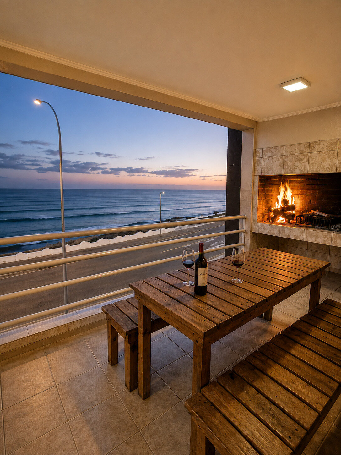 Balcón con mesa de madera y parrilla, con el mar al atardecer